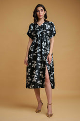 Black Georgette Satin V Neck Regular Sleeve Leaf Print Calf Length Dress